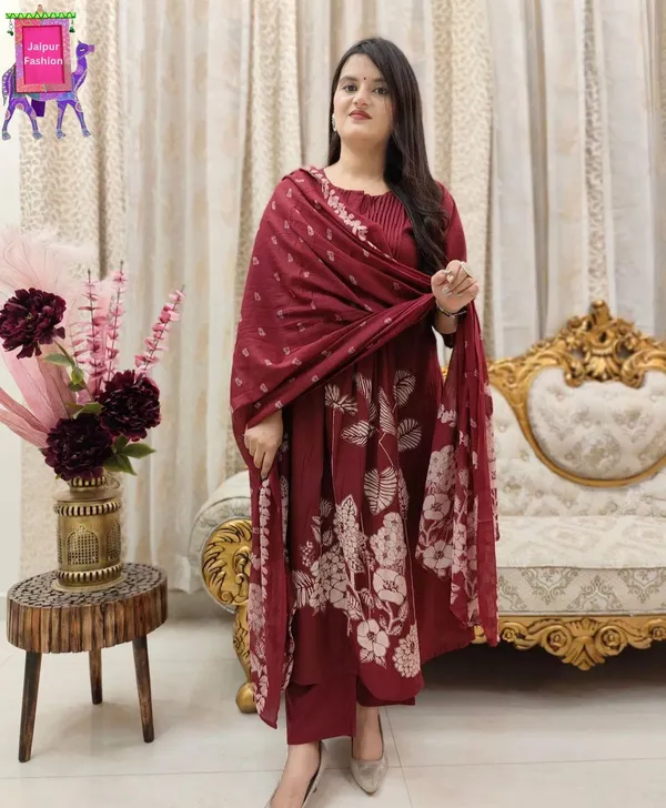 Maroon_Beautiful_Cotton_Floral_Print_With_Pintex_Work_Kurta_Set_For_Women