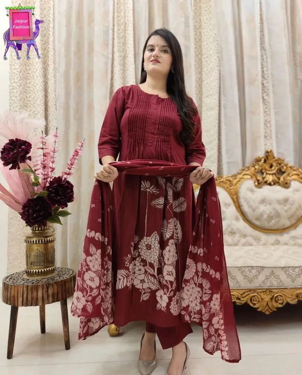 Maroon_Beautiful_Cotton_Floral_Print_With_Pintex_Work_Kurta_Set_For_Women