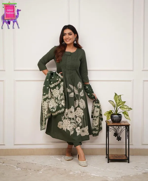 Mehandi_Green_Beautiful_Cotton_Floral_Print_With_Pintex_Work_Mehandi_Kurta_Set_For_Women