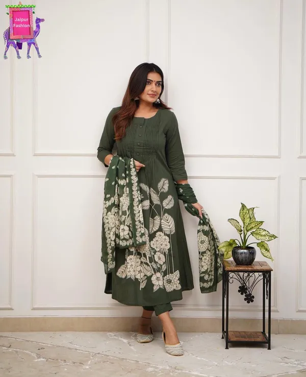 Mehandi_Green_Beautiful_Cotton_Floral_Print_With_Pintex_Work_Mehandi_Kurta_Set_For_Women