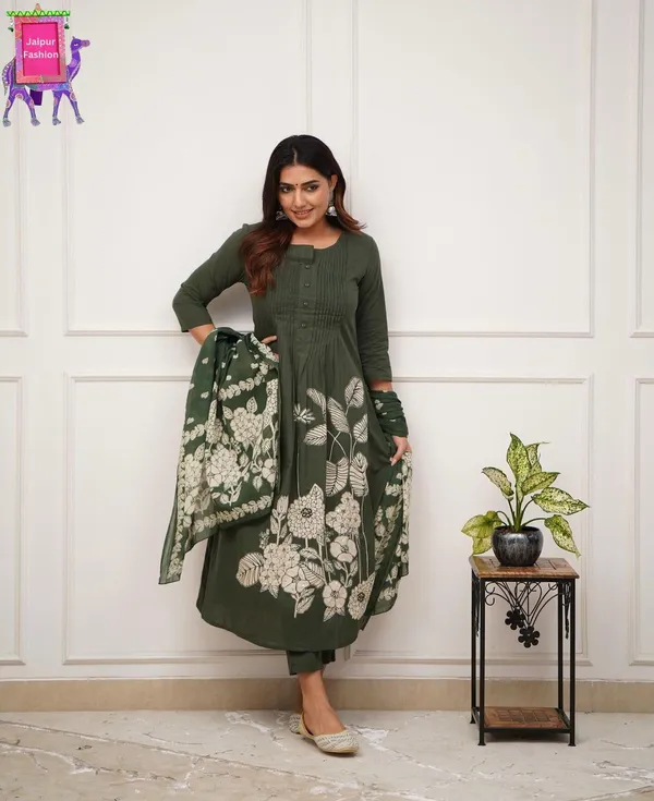 Mehandi_Green_Beautiful_Cotton_Floral_Print_With_Pintex_Work_Mehandi_Kurta_Set_For_Women