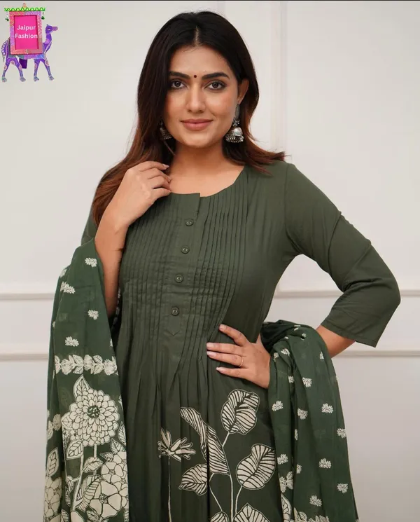 Mehandi_Green_Beautiful_Cotton_Floral_Print_With_Pintex_Work_Mehandi_Kurta_Set_For_Women