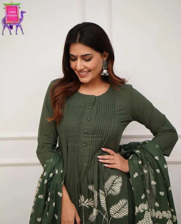 Mehandi_Green_Beautiful_Cotton_Floral_Print_With_Pintex_Work_Mehandi_Kurta_Set_For_Women