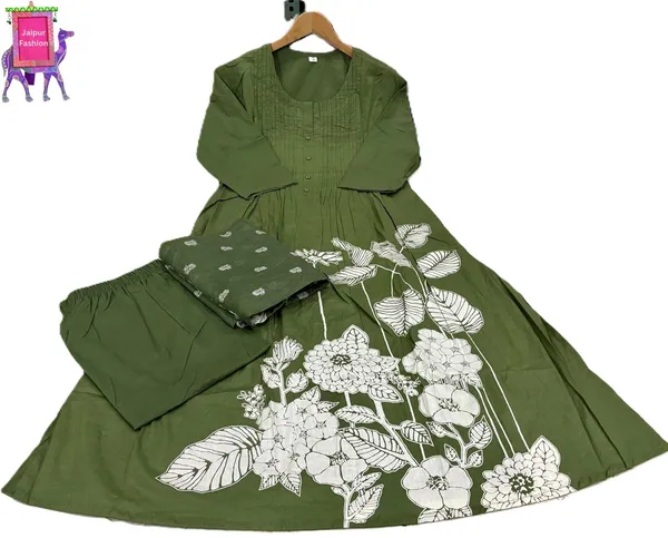 Mehandi_Green_Beautiful_Cotton_Floral_Print_With_Pintex_Work_Mehandi_Kurta_Set_For_Women