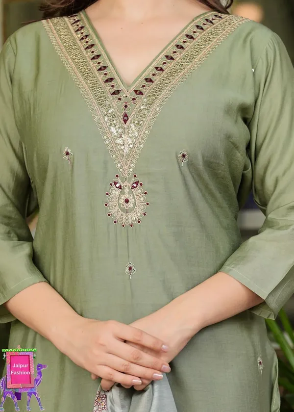Olive_Green_Roman_Modal_Silk_Color_Embroidered_Kurta_Set_For_Women