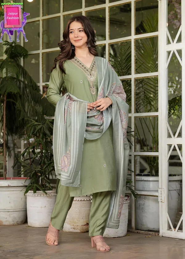 Olive_Green_Roman_Modal_Silk_Color_Embroidered_Kurta_Set_For_Women