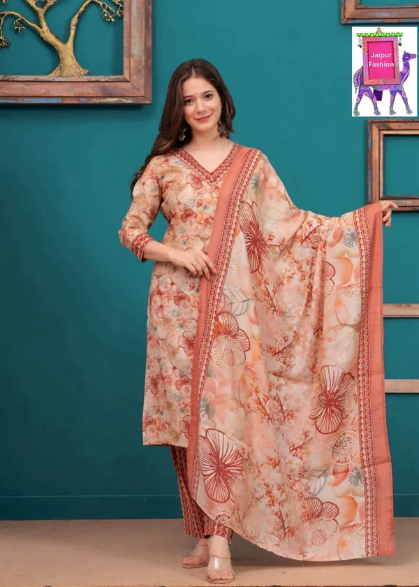 Orange_Maslin_Floral_Print_On_Beige_Base_Kurta_Set_For_Women