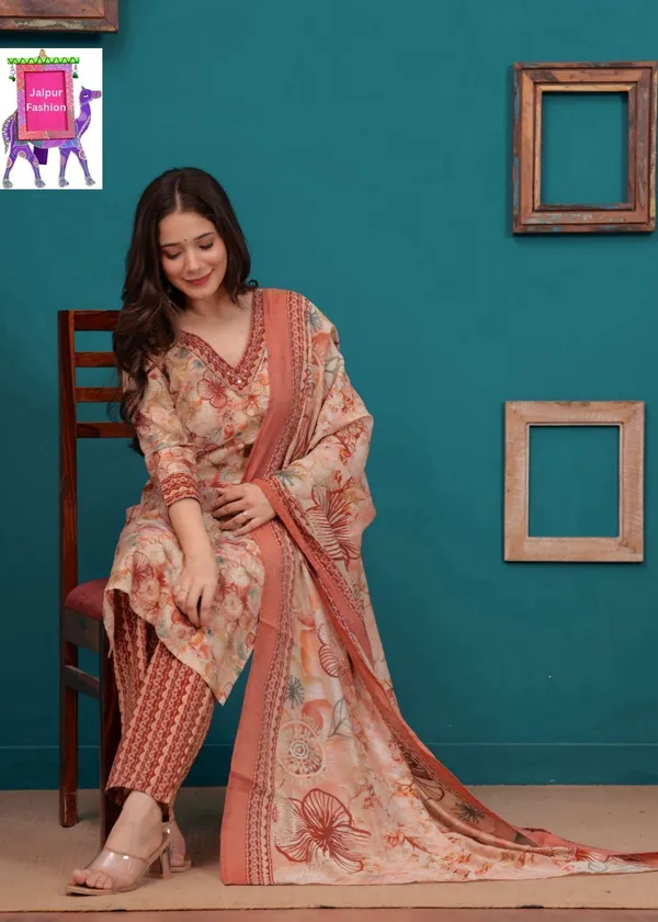 Orange_Maslin_Floral_Print_On_Beige_Base_Kurta_Set_For_Women
