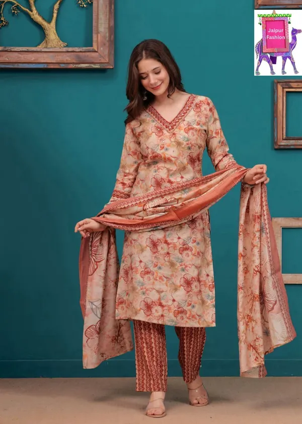 Orange_Maslin_Floral_Print_On_Beige_Base_Kurta_Set_For_Women