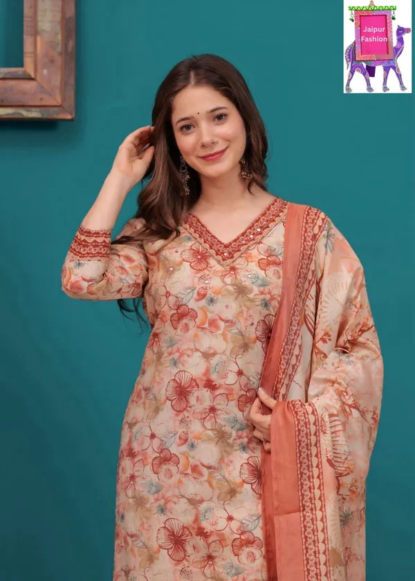 Orange_Maslin_Floral_Print_On_Beige_Base_Kurta_Set_For_Women