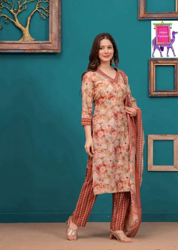 Orange_Maslin_Floral_Print_On_Beige_Base_Kurta_Set_For_Women