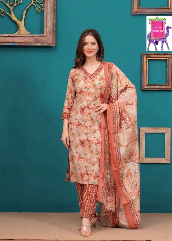 Orange_Maslin_Floral_Print_On_Beige_Base_Kurta_Set_For_Women