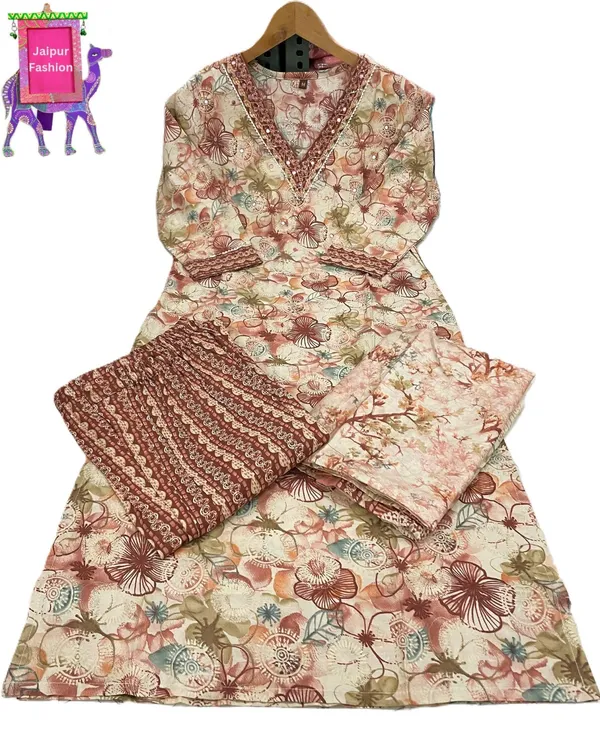 Orange_Maslin_Floral_Print_On_Beige_Base_Kurta_Set_For_Women
