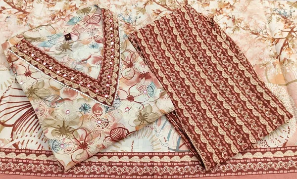 Orange_Maslin_Floral_Print_On_Beige_Base_Kurta_Set_For_Women