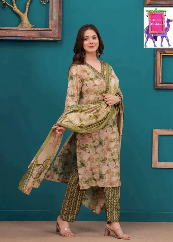 Green_Maslin_Floral_Print_On_Beige_Base_Kurta_Set_For_Women