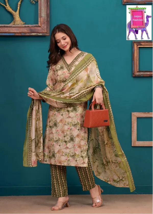 Green_Maslin_Floral_Print_On_Beige_Base_Kurta_Set_For_Women