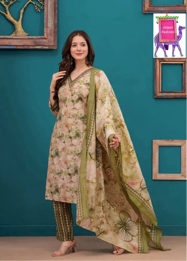 Green_Maslin_Floral_Print_On_Beige_Base_Kurta_Set_For_Women