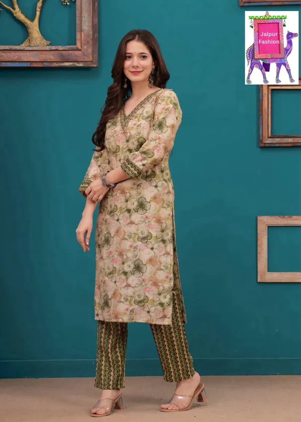 Green_Maslin_Floral_Print_On_Beige_Base_Kurta_Set_For_Women