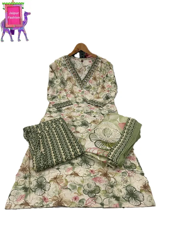 Green_Maslin_Floral_Print_On_Beige_Base_Kurta_Set_For_Women