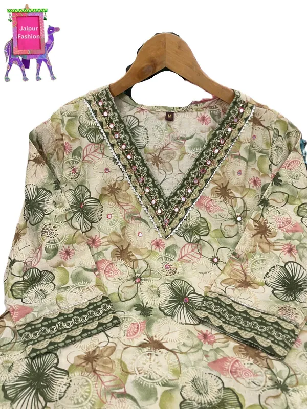 Green_Maslin_Floral_Print_On_Beige_Base_Kurta_Set_For_Women