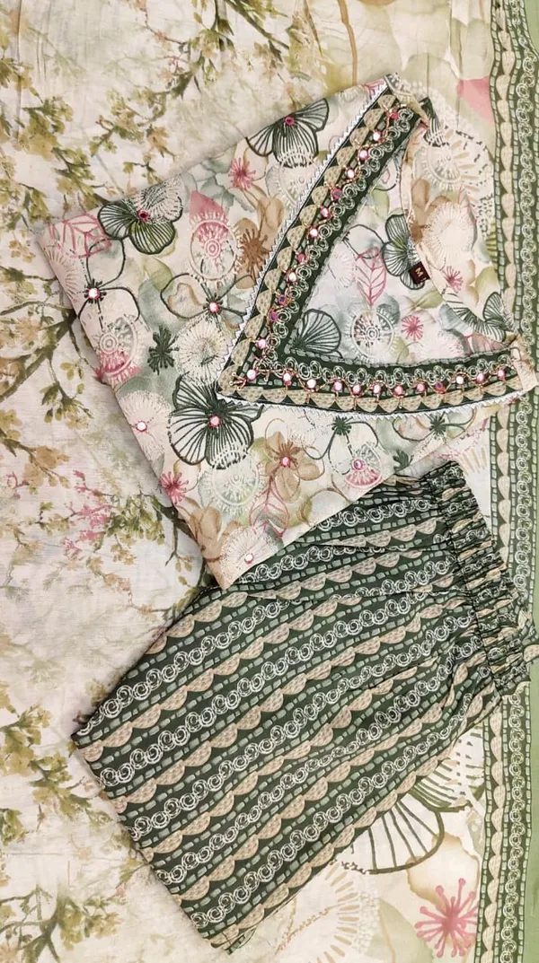 Green_Maslin_Floral_Print_On_Beige_Base_Kurta_Set_For_Women