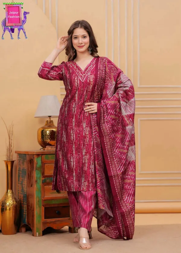 Cherry_Red_Maslin_Pattern_Print_Kurta_Set_For_Women