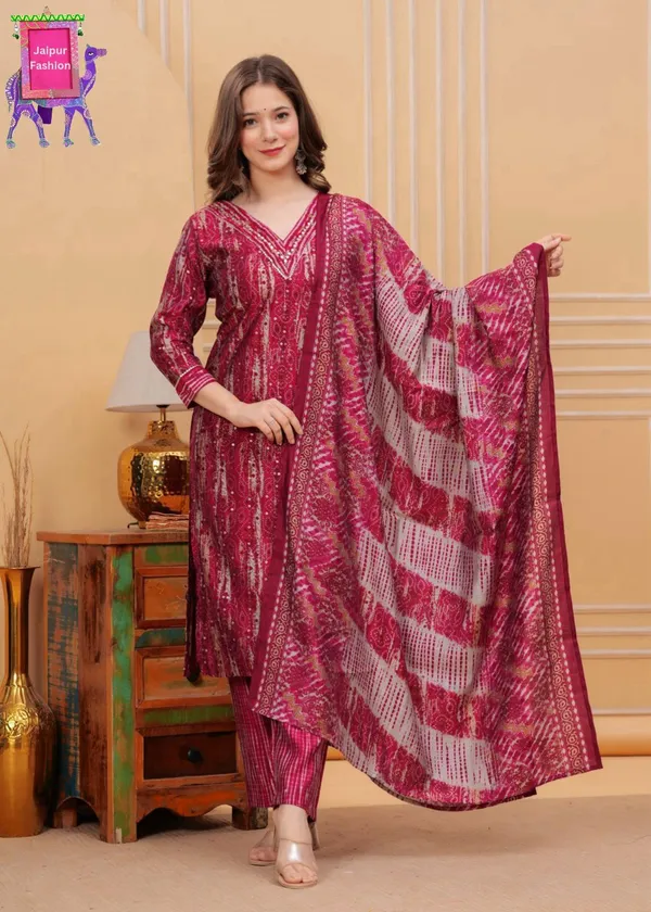 Cherry_Red_Maslin_Pattern_Print_Kurta_Set_For_Women