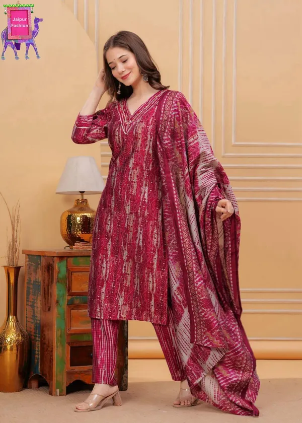 Cherry_Red_Maslin_Pattern_Print_Kurta_Set_For_Women