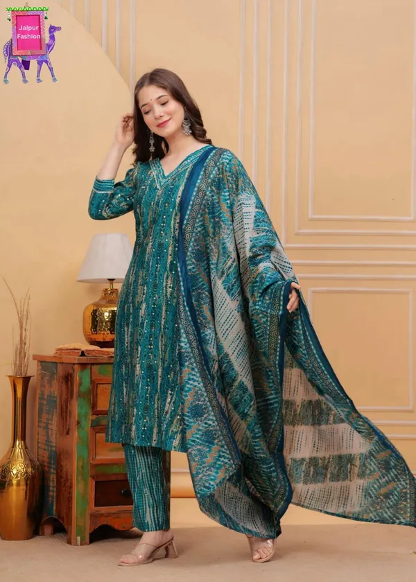 Green_Maslin_Pattern_Print_Festive_Kurta_Set_For_Women