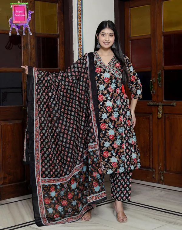 Jaipuri_Print_V_Neck_Cotton_Angrakha_Pattern_black_kurta_Set
