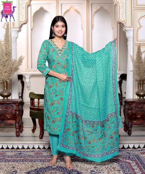 Jaipuri_Print_V_Neck_Cotton_Green_Straight_Kurta_Pant_Dupatta_set