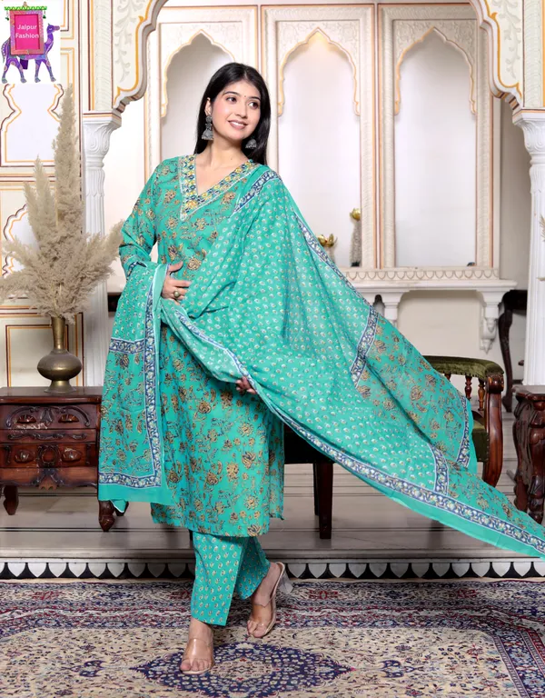 Jaipuri_Print_V_Neck_Cotton_Green_Straight_Kurta_Pant_Dupatta_set