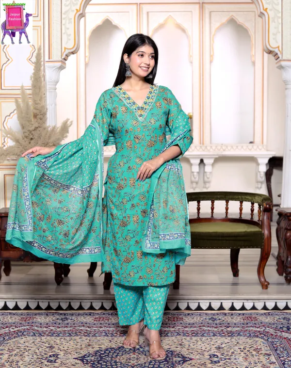 Jaipuri_Print_V_Neck_Cotton_Green_Straight_Kurta_Pant_Dupatta_set