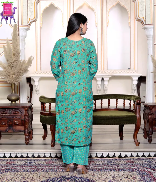 Jaipuri_Print_V_Neck_Cotton_Green_Straight_Kurta_Pant_Dupatta_set