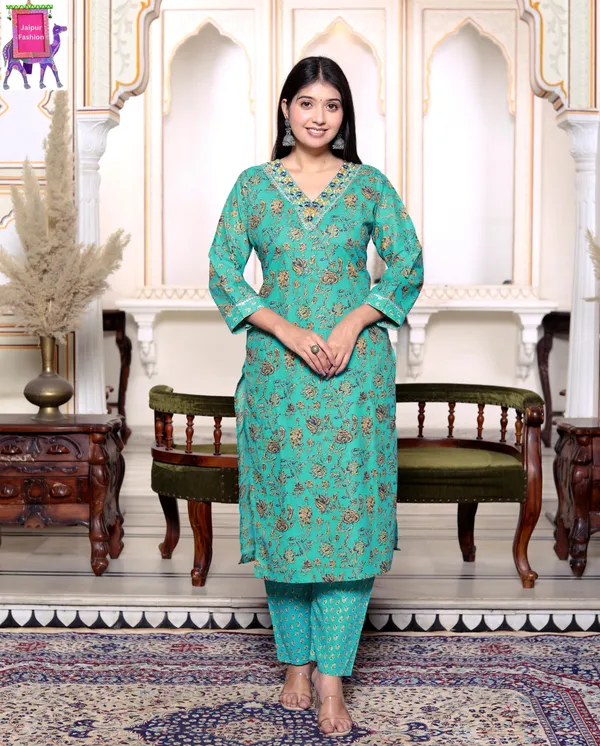 Jaipuri_Print_V_Neck_Cotton_Green_Straight_Kurta_Pant_Dupatta_set
