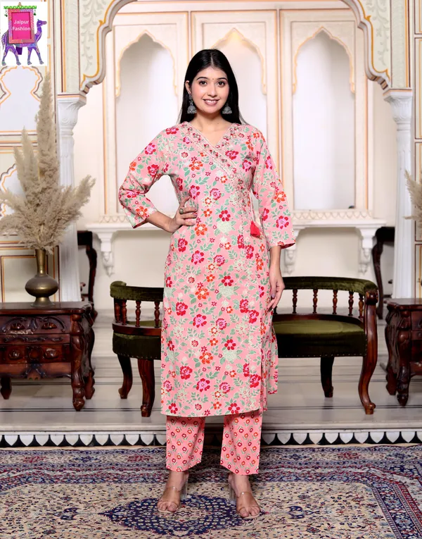 Jaipuri_Print_V_Neck_Cotton_Angrakha_Pattern_Peach_kurta_Set