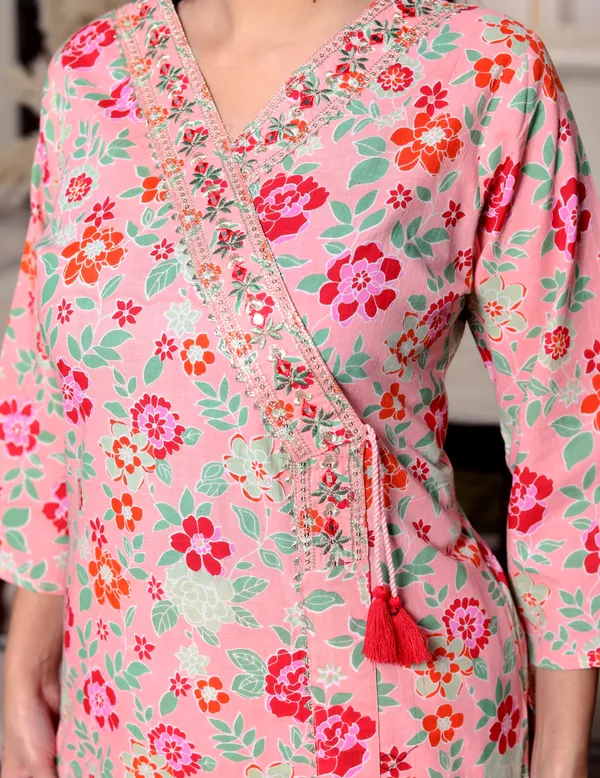 Jaipuri_Print_V_Neck_Cotton_Angrakha_Pattern_Peach_kurta_Set