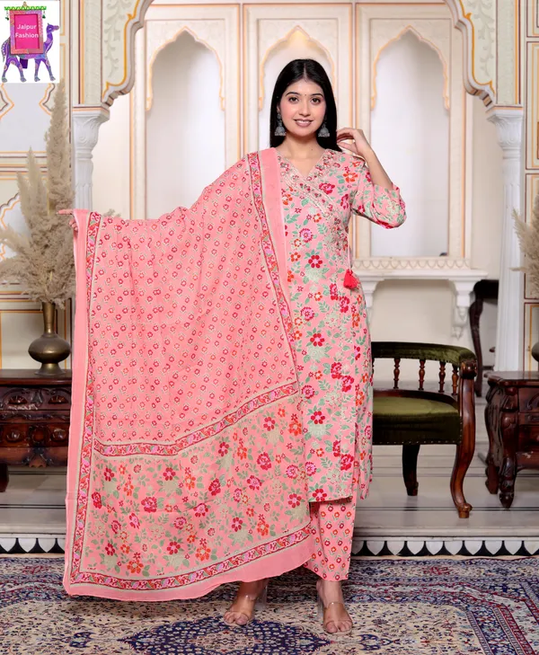 Jaipuri_Print_V_Neck_Cotton_Angrakha_Pattern_Peach_kurta_Set