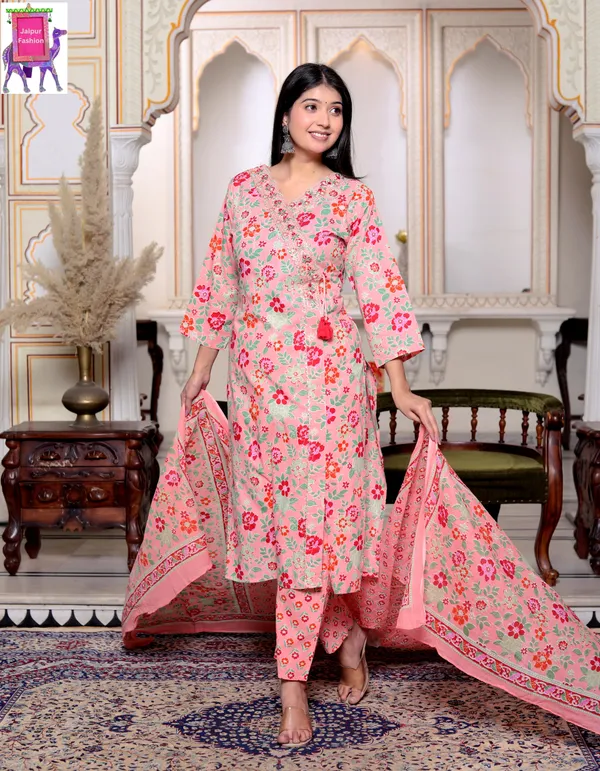 Jaipuri_Print_V_Neck_Cotton_Angrakha_Pattern_Peach_kurta_Set