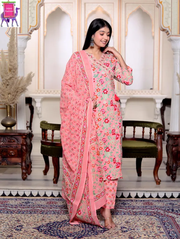 Jaipuri_Print_V_Neck_Cotton_Angrakha_Pattern_Peach_kurta_Set