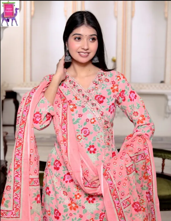 Jaipuri_Print_V_Neck_Cotton_Angrakha_Pattern_Peach_kurta_Set