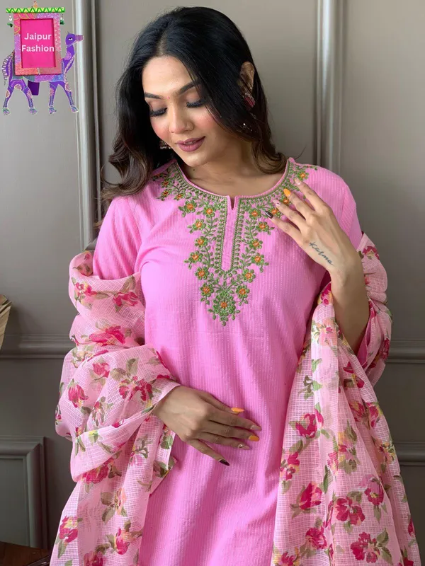 Pink_Cotton_Kantha_Work_Embroidered_Kurta_Set_With_Kota_Silk_Dupatta_For_Women