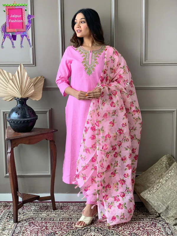 Pink_Cotton_Kantha_Work_Embroidered_Kurta_Set_With_Kota_Silk_Dupatta_For_Women
