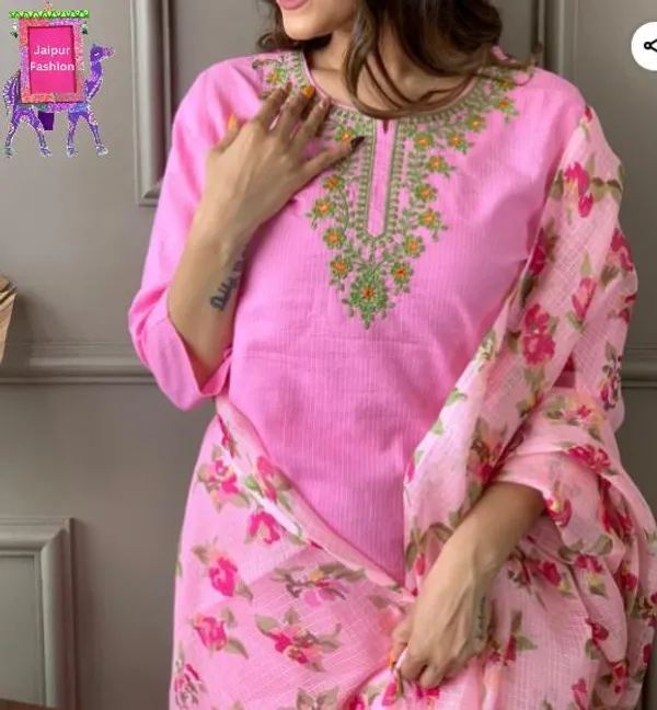 Pink_Cotton_Kantha_Work_Embroidered_Kurta_Set_With_Kota_Silk_Dupatta_For_Women