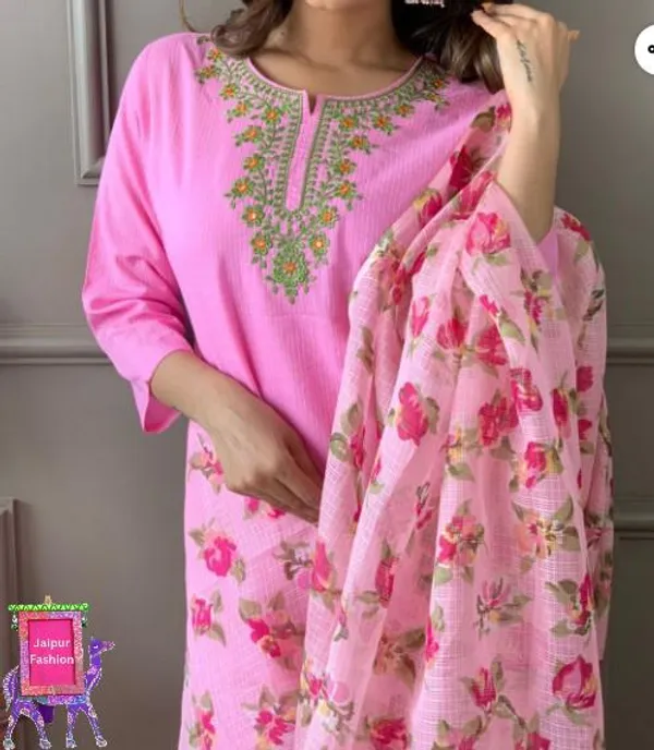 Pink_Cotton_Kantha_Work_Embroidered_Kurta_Set_With_Kota_Silk_Dupatta_For_Women