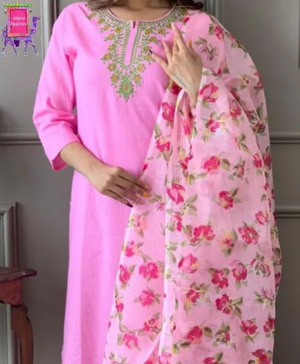 Pink_Cotton_Kantha_Work_Embroidered_Kurta_Set_With_Kota_Silk_Dupatta_For_Women