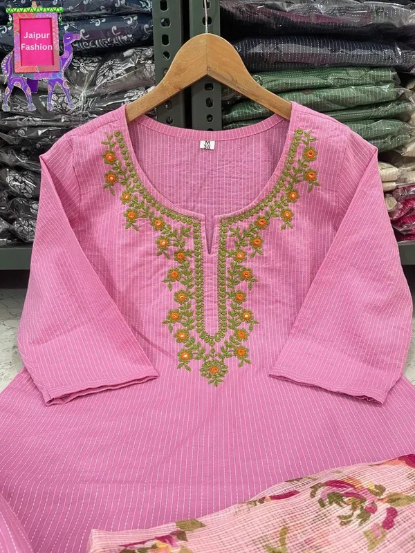 Pink_Cotton_Kantha_Work_Embroidered_Kurta_Set_With_Kota_Silk_Dupatta_For_Women