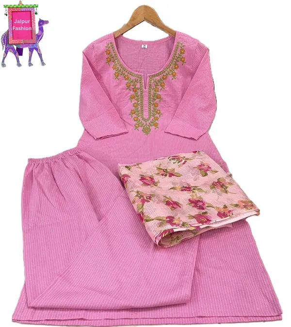 Pink_Cotton_Kantha_Work_Embroidered_Kurta_Set_With_Kota_Silk_Dupatta_For_Women