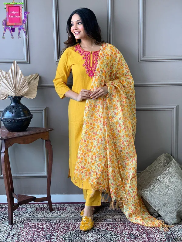 Yellow_Cotton_Kantha_Work_Embroidered_Kurta_Set_With_Kota_Silk_Dupatta_For_Women