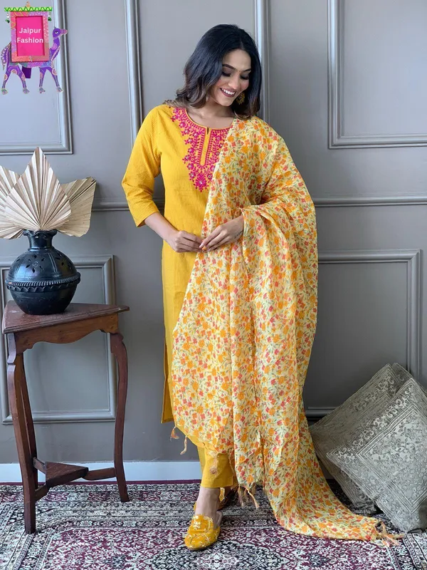 Yellow_Cotton_Kantha_Work_Embroidered_Kurta_Set_With_Kota_Silk_Dupatta_For_Women